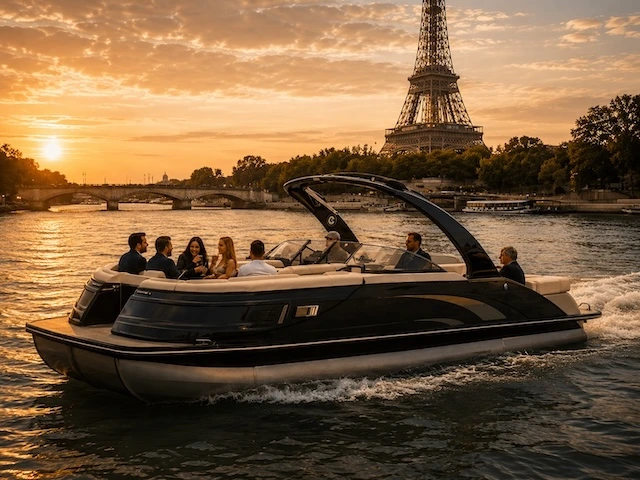 Curacao private yacht cruising on the Seine at sunset with the Eiffel Tower, Paris