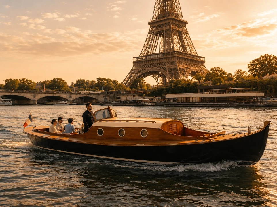 La Pinasse private boat on the Seine with the Eiffel Tower in the background, Paris